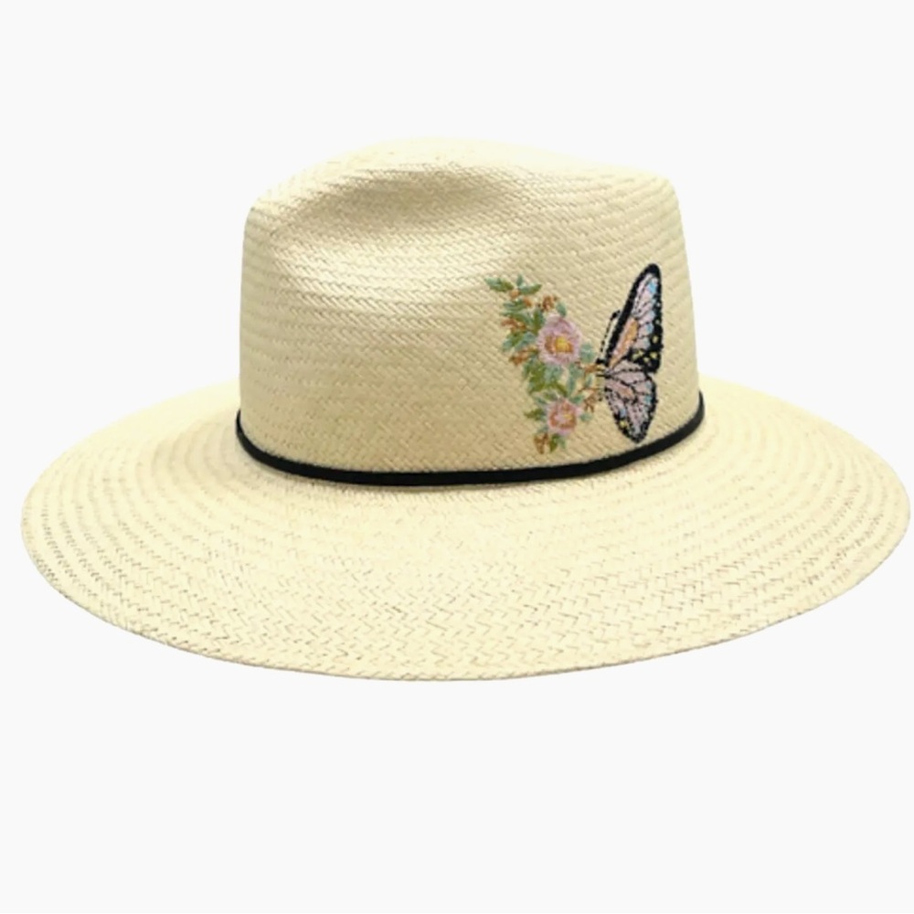 Freya Embroidered Butterfly Straw Sun Hat - Cream